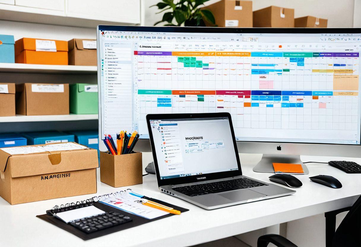 An organized workspace featuring a laptop displaying an order management interface, surrounded by packages ready for shipping. Include a checklist with tips on streamlining transactions, a calendar marking important dates, and a cup of coffee to signify productivity. Use bright, engaging colors to create an inviting atmosphere. super-realistic. vibrant colors. white background.
