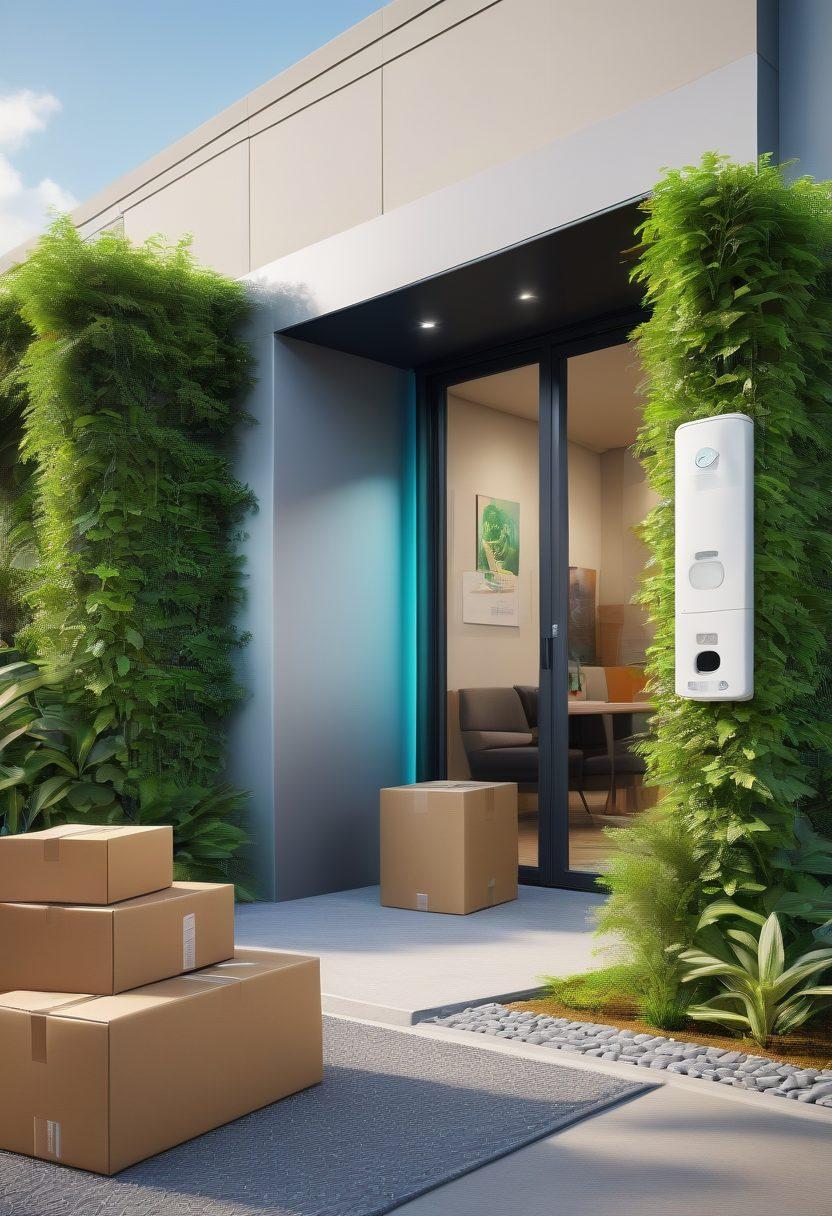 A dynamic scene showcasing a seamless transaction process with a happy customer receiving a package from a friendly delivery person at their doorstep. In the background, include a high-tech warehouse with automated systems efficiently organizing shipments. Use vibrant colors to emphasize a feeling of satisfaction and positivity. Display digital interfaces that represent technology in fulfillment. super-realistic. bright colors. 3D.