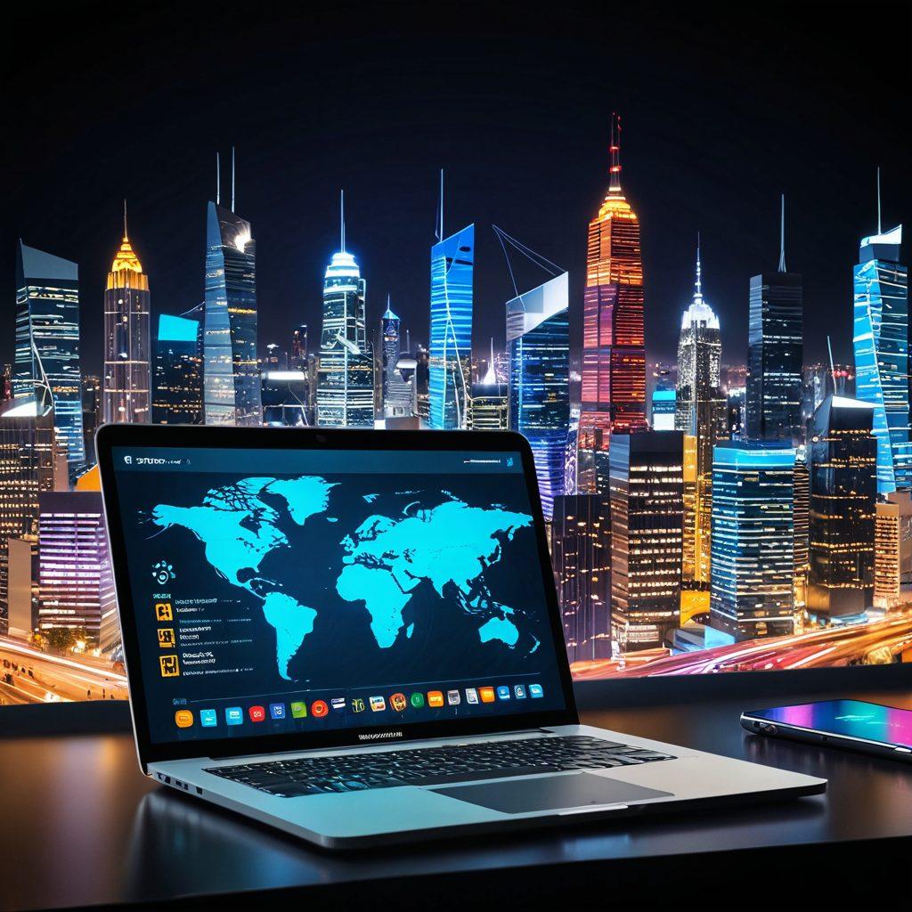 A sleek digital interface displaying a modern checkout process on a laptop screen, with icons for payment methods and order tracking. A diverse group of people interacting with their devices, showcasing ease and satisfaction in payment processing. Include a vibrant cityscape in the background representing digital connectivity and commerce. Bright colors and a touch of futurism to emphasize technology. 3D. vibrant colors.